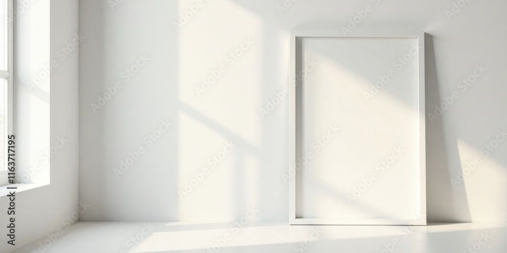 Sunlight Illuminates Empty White Frame Against a Pristine Wall Sunlight Illuminates Empty White Frame Against a Pristine Wall