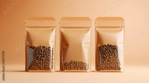 Three transparent stand-up pouches filled with chocolate-colored pet food against a warm orange background. photo