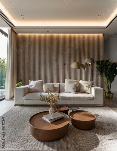 Modern living room, neutral colors, luxury decor, ambient lighting, open layout.