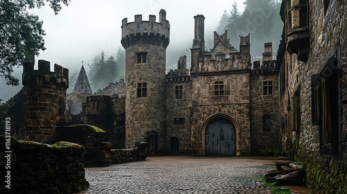 Majestic, gray stone castle courtyard shrouded in misty forest.