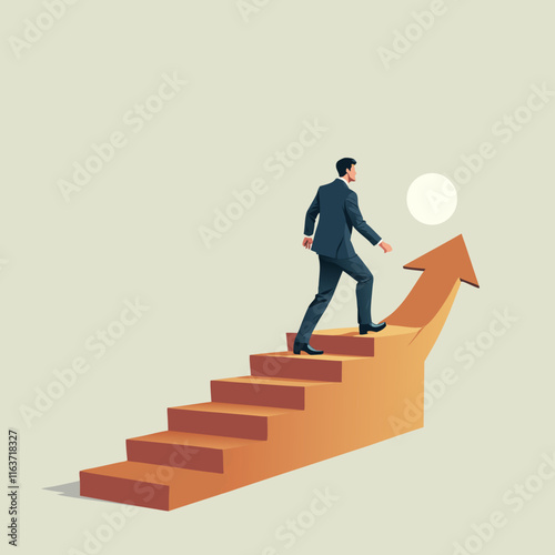 Consistency to growth, reliability or stability to progress in career development, balance or steady step, continuity growing, certainty concept, businessman walk slowly on steady consistence arrow.