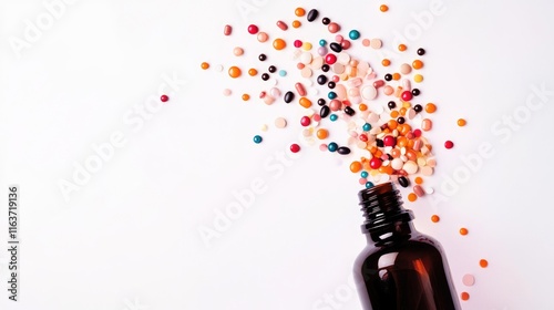 Colorful pills spilling from amber bottle on white. photo