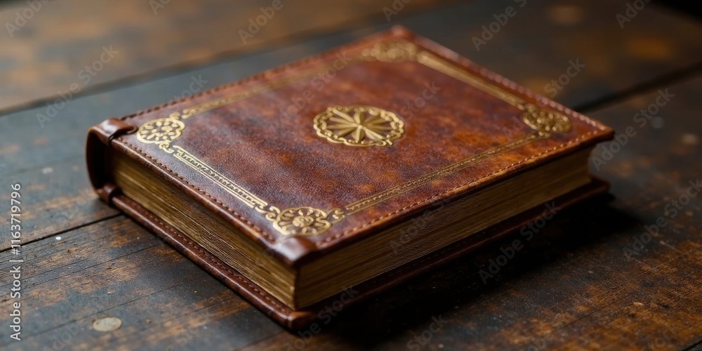 Antique Leather-Bound Book Resting on Aged Wood Surface Antique Leather-Bound Book Resting on Aged Wood Surface