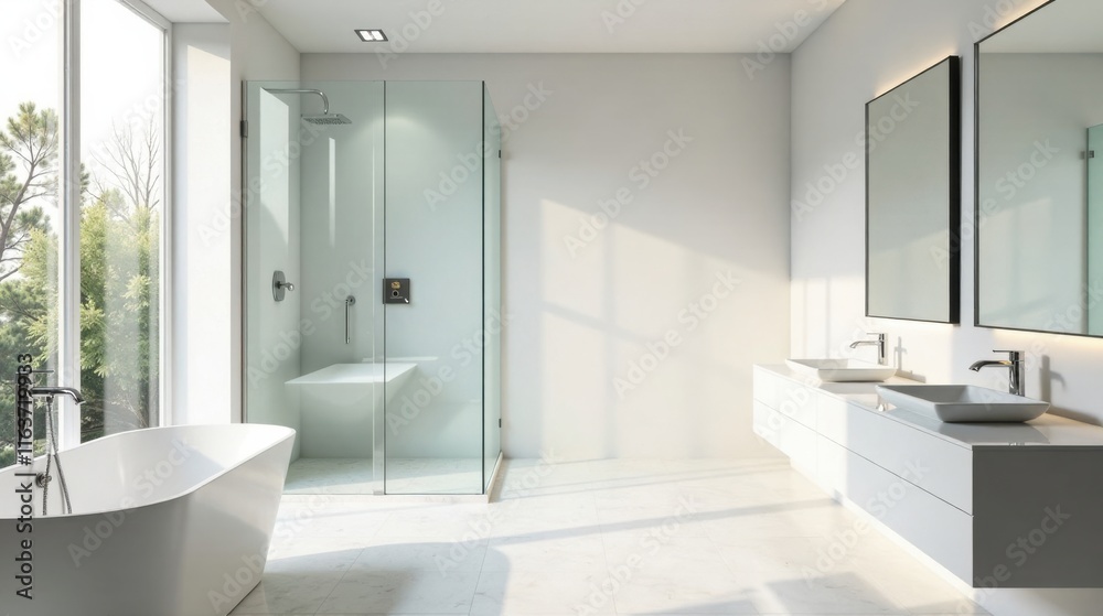 Modern minimalist bathroom design with large window, soaking tub, and walk-in shower Modern minimalist bathroom design with large window, soaking tub, and walk-in shower