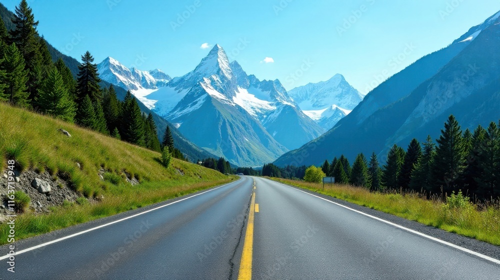 Naklejka premium Asphalt road leading to a majestic mountain range with snow-capped peaks and lush green meadows