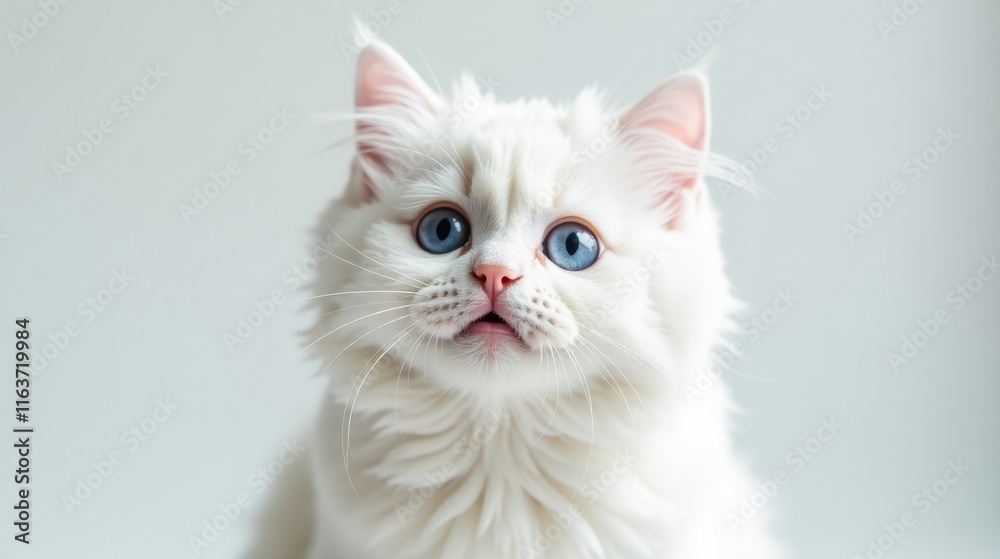 A fluffy white kitten with striking blue eyes gazes intently at the viewer, its pink nose and mouth slightly open in a curious expression. A fluffy white kitten with striking blue eyes gazes intently at the viewer, its pink nose and mouth slightly open in a curious expression.