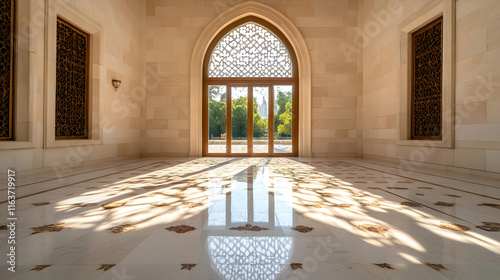 Sunlight streams through ornate doorway of a mosque, illuminating the marble floor.
