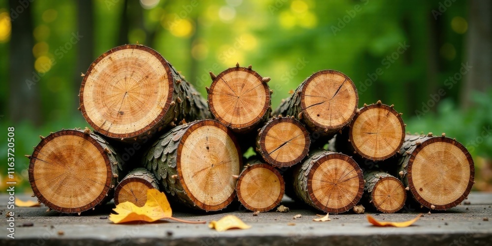 A stack of neatly arranged wood logs rests on a forest floor, showcasing the beauty of natural wood grain and autumn leaves. A stack of neatly arranged wood logs rests on a forest floor, showcasing the beauty of natural wood grain and autumn leaves.