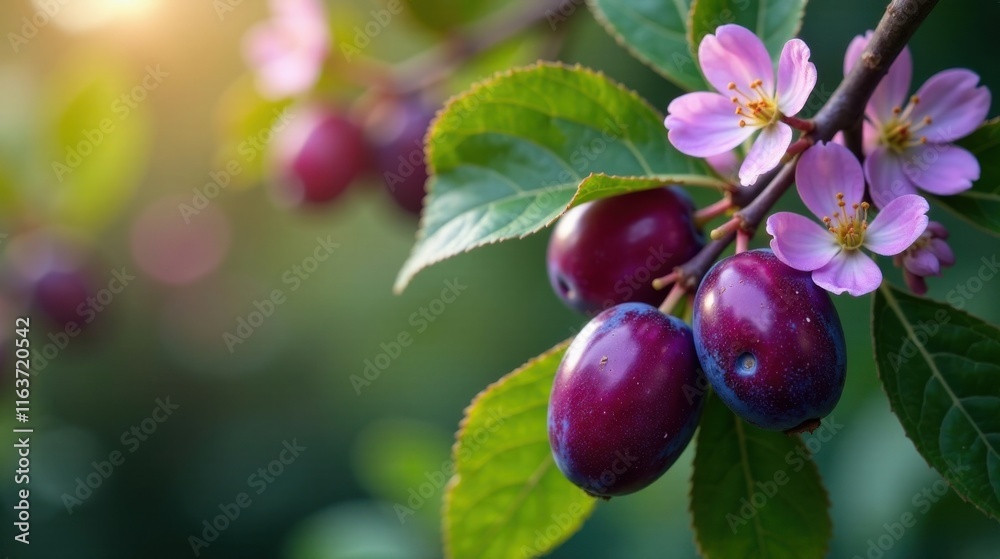 Vibrant purple plums ripening on a branch adorned with delicate blossoms in the warm sunlight Vibrant purple plums ripening on a branch adorned with delicate blossoms in the warm sunlight