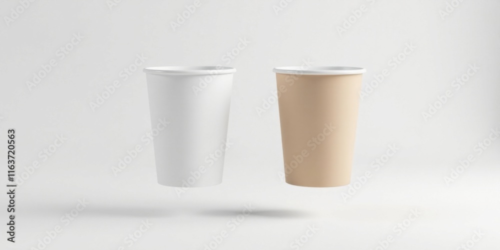 Two Disposable Cups, One White and One Beige, on a White Background Two Disposable Cups, One White and One Beige, on a White Background