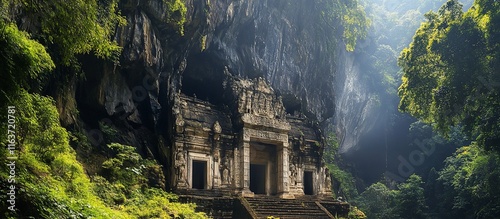 Wallpaper Mural Ancient cave temple nestled within a lush mountain valley. Torontodigital.ca