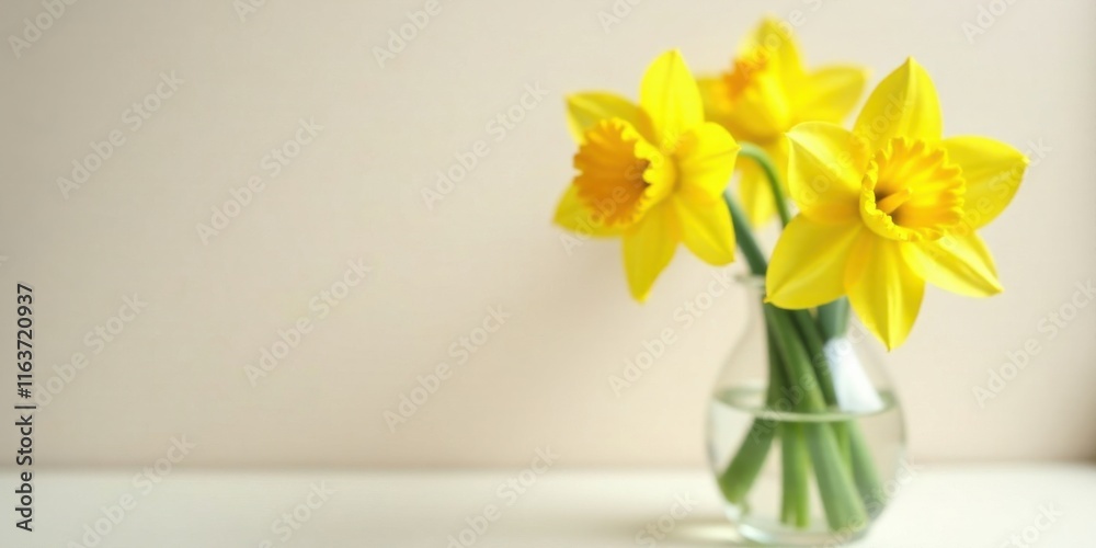 A simple bouquet of cheerful yellow daffodils in a clear glass vase on a neutral background