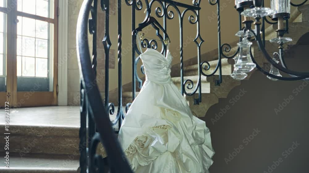 Graceful stunning wedding dress displayed elegantly on ornate spiral staircase, tracking right reveal past handrail