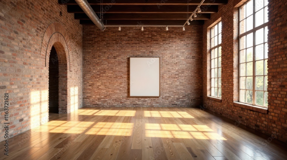 Fototapeta premium Sunlit Loft Interior with Brick Walls and Hardwood Floor, Featuring a Blank Canvas for Art or Design