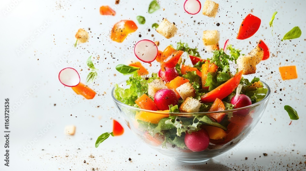 A vibrant salad with fresh vegetables and croutons splashing in a glass bowl. A vibrant salad with fresh vegetables and croutons splashing in a glass bowl.