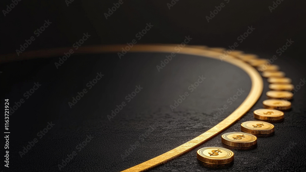 A close-up view of gold coins arranged along a curved line on a dark surface, creating a striking contrast and a sense of depth. A close-up view of gold coins arranged along a curved line on a dark surface, creating a striking contrast and a sense of depth.