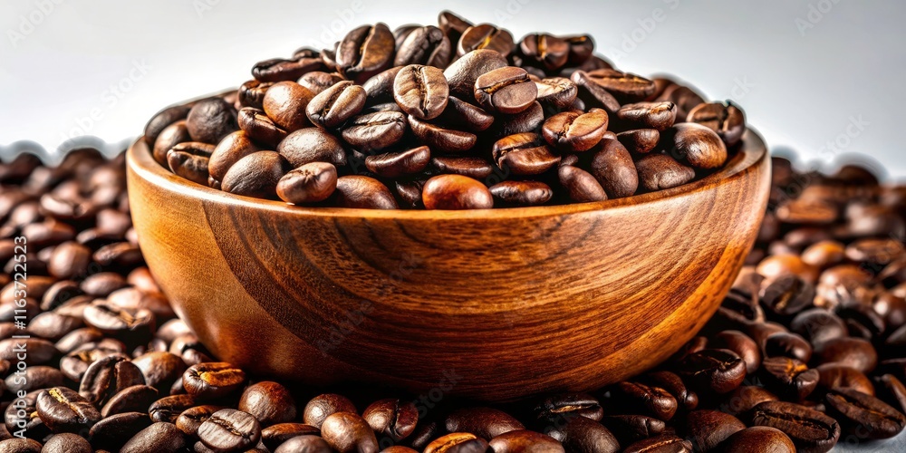 Fototapeta premium Close-Up Silhouette of Wooden Bowl Filled with Freshly Roasted Coffee Beans on White Background for Coffee Lovers and Photography Enthusiasts