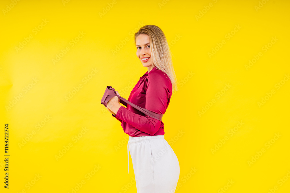 Athletic female performs exercises using a resistance band. Strength and motivation Athletic female performs exercises using a resistance band. Strength and motivation