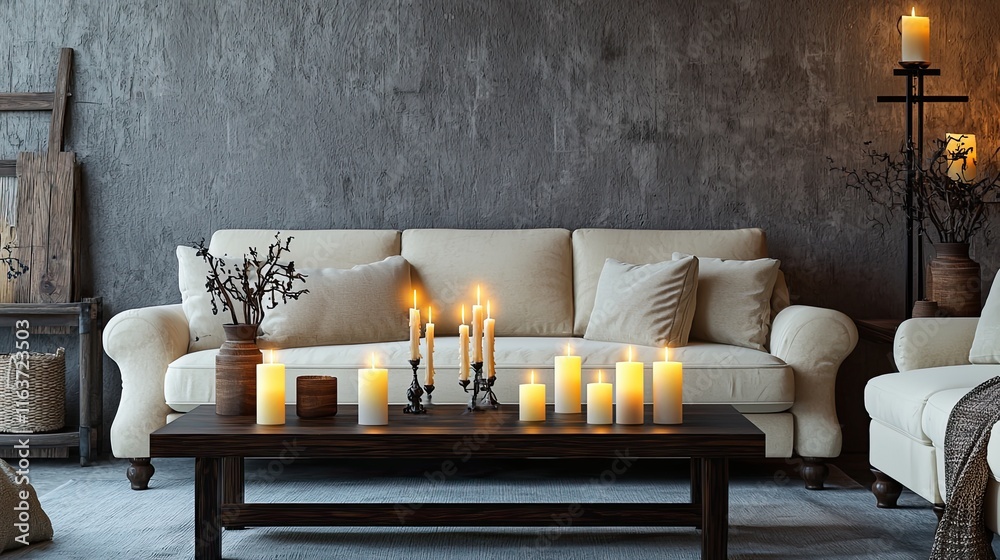A luxurious living room featuring a cream-colored sofa, a dark walnut coffee table with flickering candles, and wooden decor elements