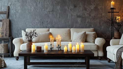Obraz na płótnie A luxurious living room featuring a cream-colored sofa, a dark walnut coffee table with flickering candles, and wooden decor elements w salonie