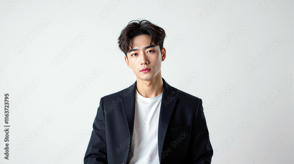 Portrait of young Asian man in dark blazer and white shirt against light gray background Portrait of young Asian man in dark blazer and white shirt against light gray background