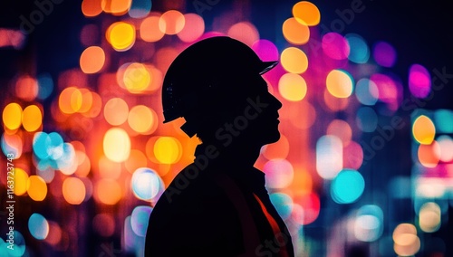 Silhouette of a Worker in the City Lights photo