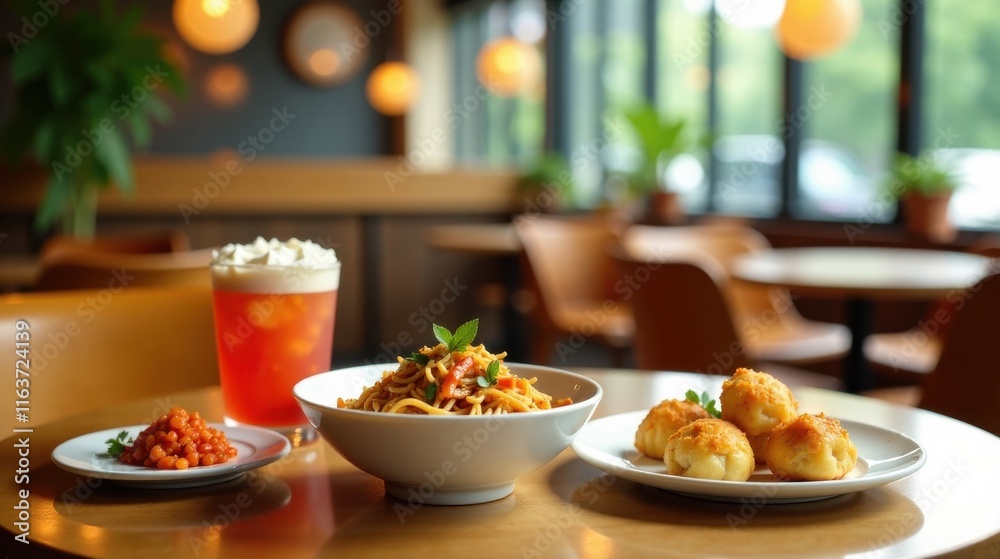 A cafe table setting featuring a bowl of pasta, fried dough balls, a small dish of beans, and a frothy iced beverage A cafe table setting featuring a bowl of pasta, fried dough balls, a small dish of beans, and a frothy iced beverage