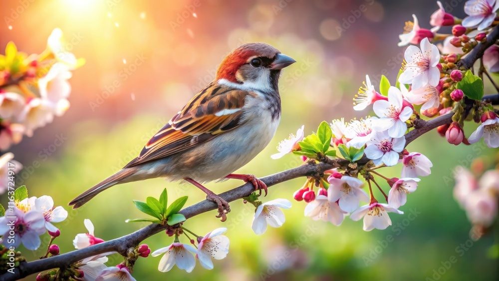 Fototapeta premium Fashionable Sparrow on a Branch: A Stylish Avian Portrait in Nature's Elegance, Capturing the Beauty of Wildlife and Fashion in a Serene Environment