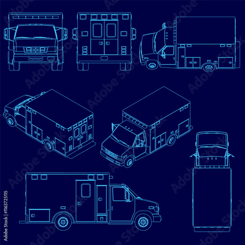 The image is a series of blue drawings of an ambulance. The drawings are in different positions, showing the vehicle from various angles. The concept of the image is to showcase the design
