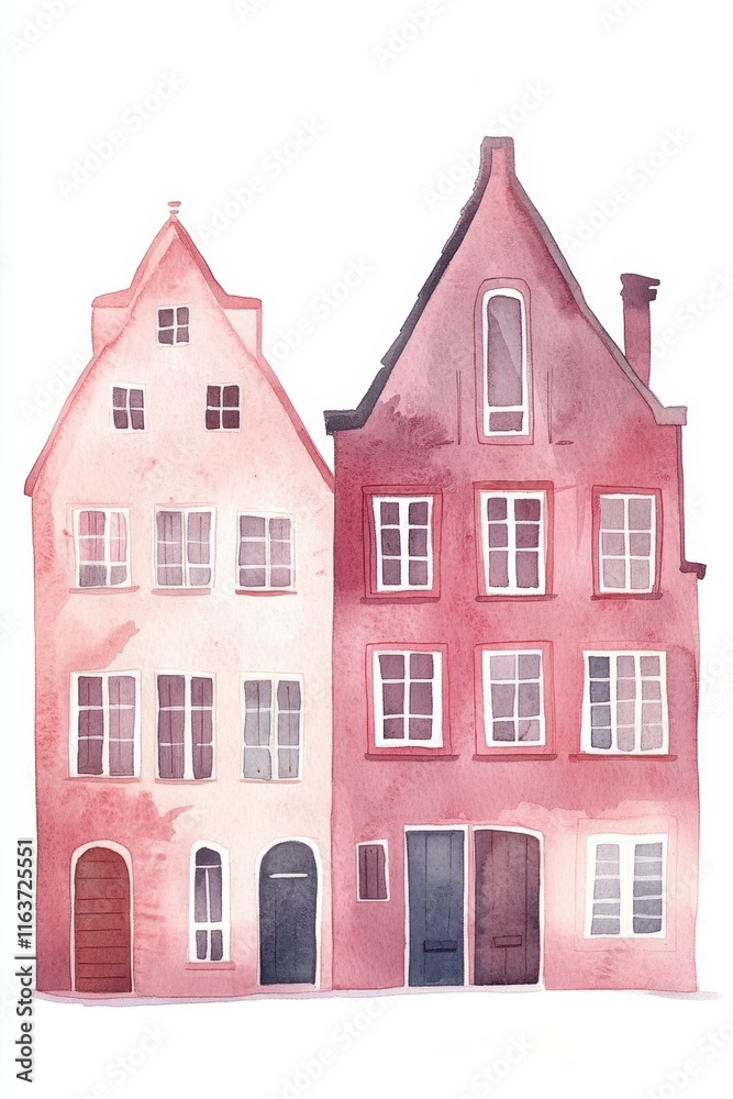 Fototapeta premium European Canal Houses and Streets in Watercolor