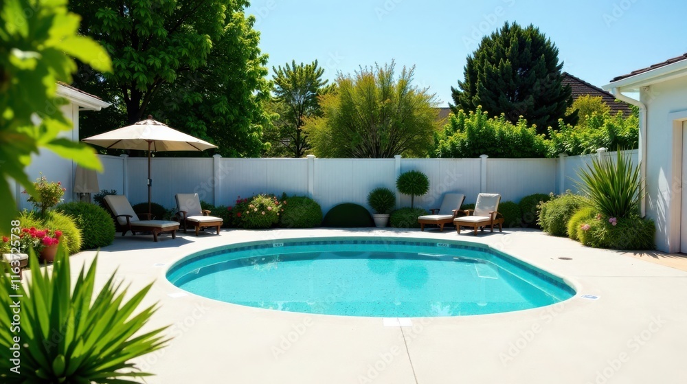 Serene Backyard Oasis Featuring a Circular Pool and Lush Landscaping