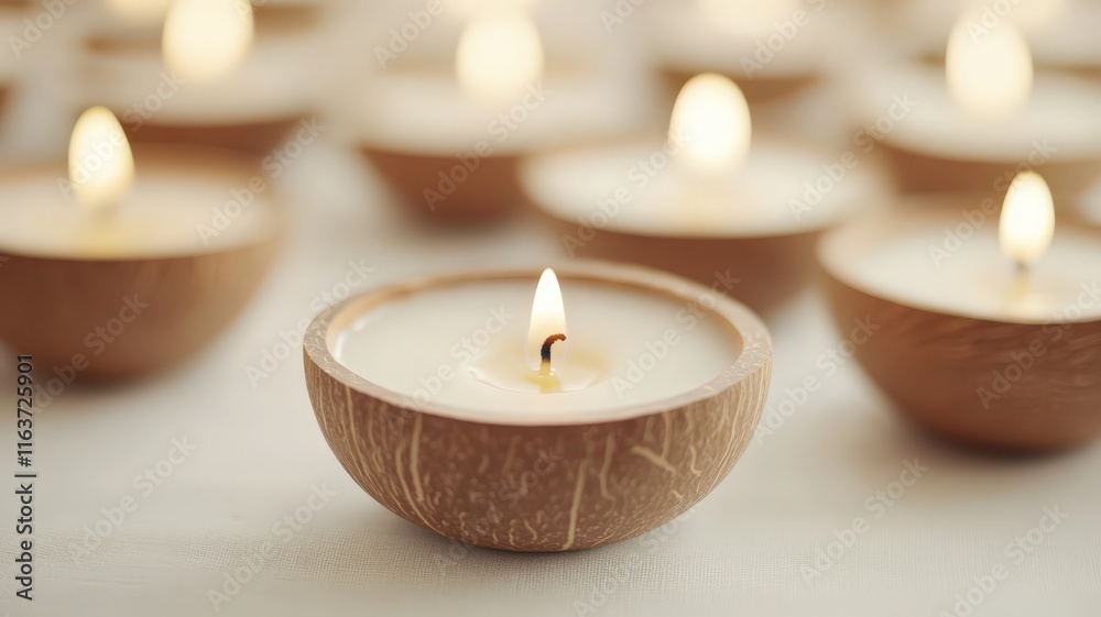 Coconut shell candles burning brightly, providing soft illumination and a tropical ambiance for relaxation Coconut shell candles burning brightly, providing soft illumination and a tropical ambiance for relaxation