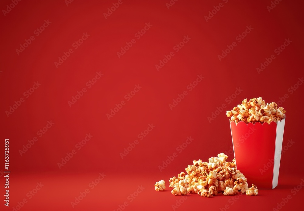 Popcorn Party: A red background with a red popcorn bucket spilling out onto the floor. The image is perfect for any movie night or snack time. Popcorn Party: A red background with a red popcorn bucket spilling out onto the floor. The image is perfect for any movie night or snack time.