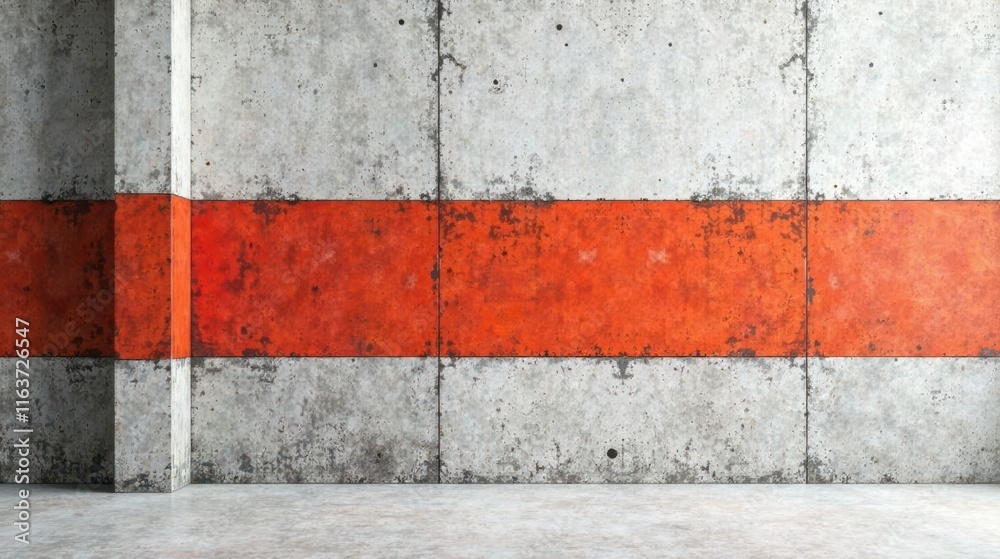 Fototapeta premium Rustic Concrete Wall with a Bold Orange Accent Band and Gray Floor Ideal for Industrial Design Projects