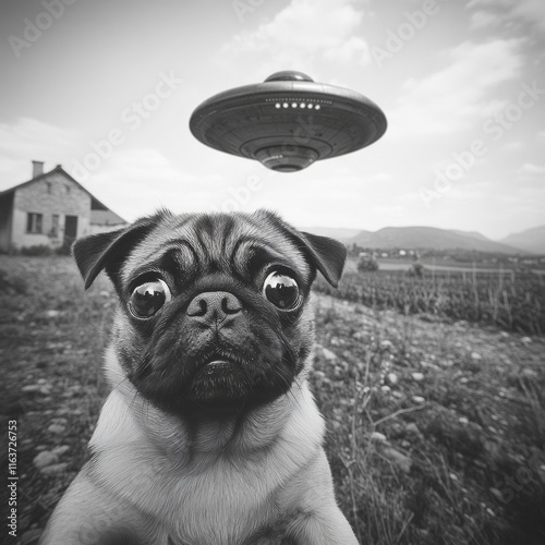 Curious pug stares at ufo in countryside setting