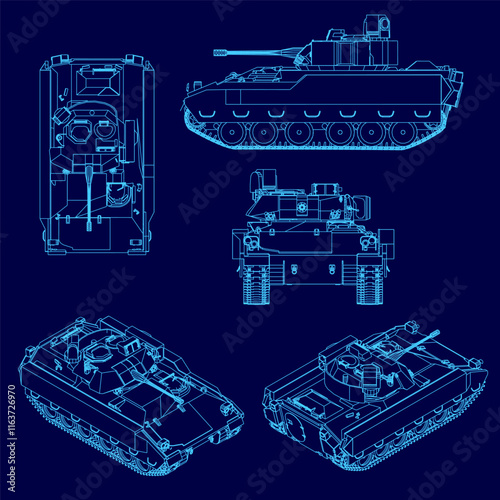 Blue drawing of a tank with a blue background. The tank is shown from the front, back, and side