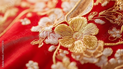 Close-Up of Intricate Gold Embroidery on a Red Traditional Chinese Garment, Featuring Detailed Patterns photo