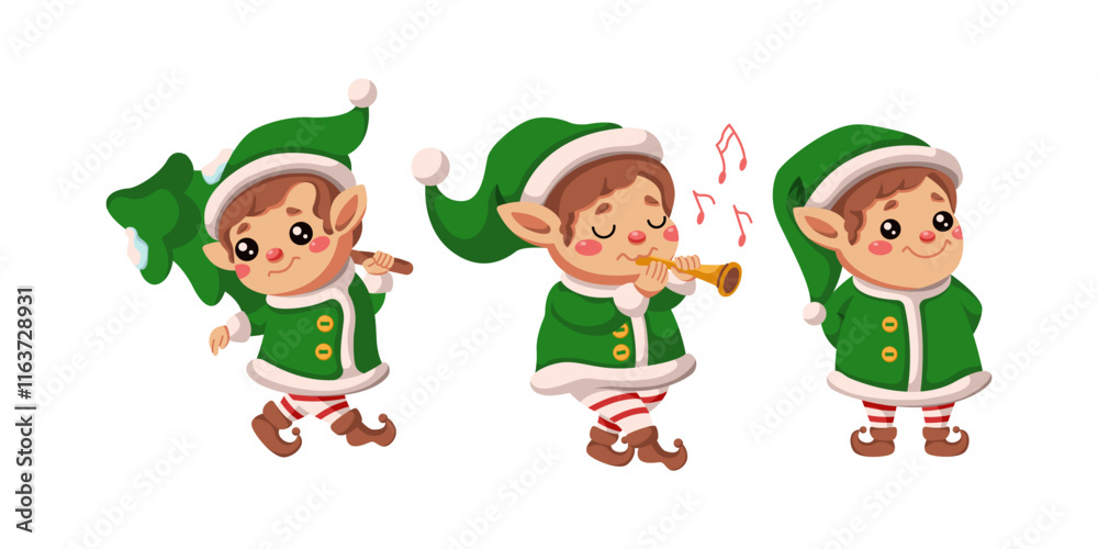 Fototapeta premium Cute Santa elves celebrating Christmas flat color vector icon set. Little people with fir tree flute and happy mood characters pack on white