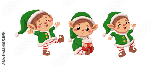 Happy Santa elves dancing and drinking cocoa flat color vector icon set. Fairy tale Christmas season atmosphere characters pack on white