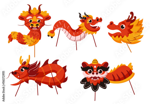 Chinese dragons and lion dancing puppets flat color vector objects set. Rich traditions of lunar New Year festival illustration on white