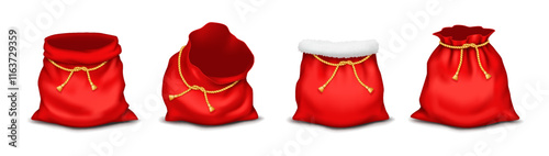 Red Christmas bags with golden ropes realistic color icons set. Santa Claus sacks for children gifts and sweets 3d objects bundle on white