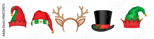 Festive headwear bringing Christmas spirit realistic color icons set. Elf Santa reindeer caps and classic top hat 3d objects bundle on white