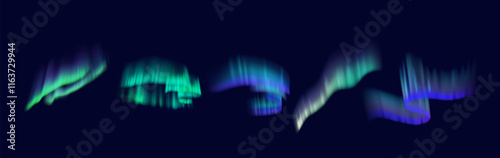 Northern lights aurora borealis in sky realistic color icons set. Mesmerizing natural phenomenon 3d objects bundle on dark background
