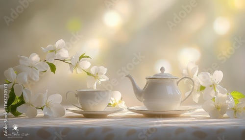 Wallpaper Mural Vintage Tea Time Graceful Setting with Tea Set and Spring Blossoms, Bathed in Gentle Light Torontodigital.ca