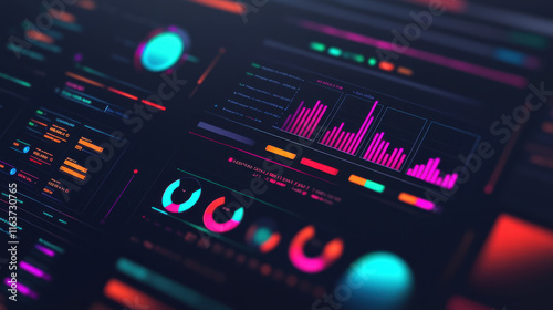 vibrant digital dashboard in 3D floating style features glowing charts and graphs, showcasing data visualization with neon colors. futuristic interface highlights analytics and technology