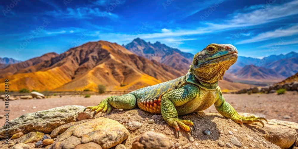 Fototapeta premium Panoramic View of Egyptian Mastigure in Natural Habitat Near Eilat, Israel - Stunning Desert Landscape with Wildlife, Reptiles, and Scenic Backdrop of Mountains and Clear Skies
