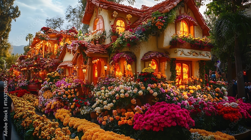 Obraz premium Colorful flowering houses in garden enchanting landscape scene