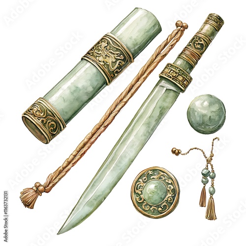 Watercolor painting of an ornate jade dagger with scabbard, decorative elements, and tassels. photo