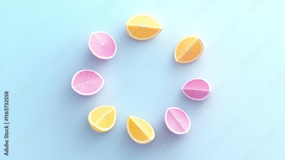 Colorful lemon and pink citrus slices arranged in a circular pattern on a soft blue background, creating a fresh and vibrant visual. Colorful lemon and pink citrus slices arranged in a circular pattern on a soft blue background, creating a fresh and vibrant visual.