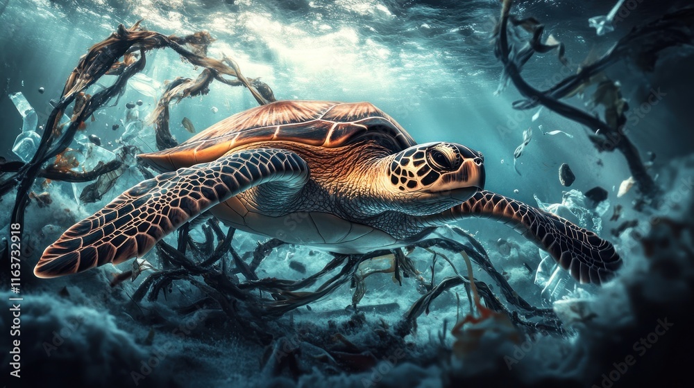 Fototapeta premium Ocean's Sorrow: A Sea Turtle's Plea Amidst Plastic Pollution